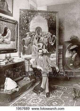 Stock Photo - Pedro SÃƒÆ’Ã‚Â¡enz SÃƒÆ’Ã‚Â¡enz, 1863 - 1927. Pre-Raphaelite Brotherhood Spanish Painter, Here Seen In His Malaga Studio. From La Esfera, 1914.. Fotosearch