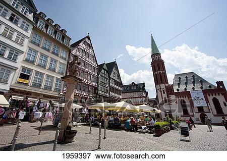 Stock Photo - People At The Reconstructions Of 15Th And 16Th Century Houses On The Romerberg, Frankfurt Am Main, Germany. Fotosearch