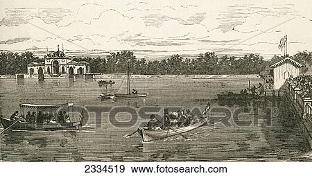 Stock Photo - People Boating On The Lake In The Retiro Park, Madrid, Spain In The 19Th Century. From El Museo Popular Published Madrid, 1889. Fotosearch