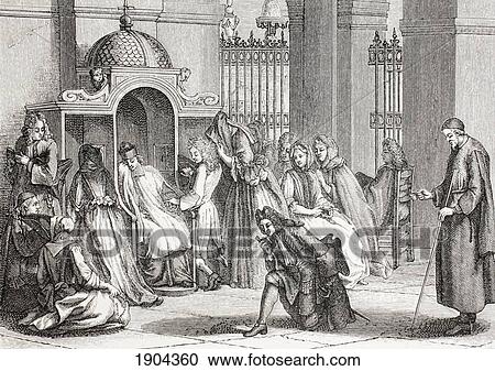 Stock Image - People In Church Gathered Around The Priest Waiting To Make Their Confession. After A Work By Bernard Picart. From Xviii Siecle Institutions, Usages Et Costumes, Published Paris 1875.. Fotosearch