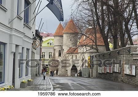 Stock Photograph - People In Front Of The Viru Gate At Tallinn, Estonia. Fotosearch