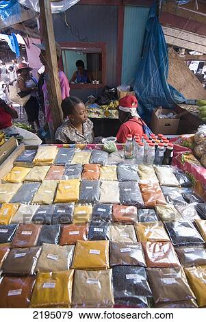 Stock Photo - People Selling Spices At The Saturday Market, St Georges, Grenada.. Fotosearch