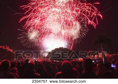 Stock Photo - People Watching Fireworks On Nit De Foc During Fallas Festival; Valencia, Spain. Fotosearch
