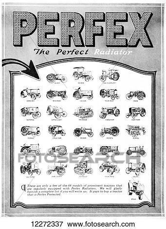 Stock Photo - Perfex The Perfect Radiator advertisement with historic tractor illustrations from early 20th century.. Fotosearch