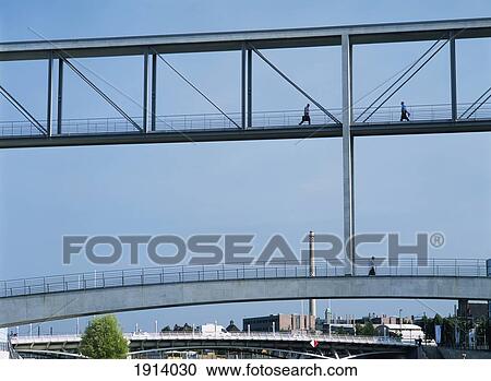 Stock Image - Person Crossing Bridge, River Spree. Fotosearch