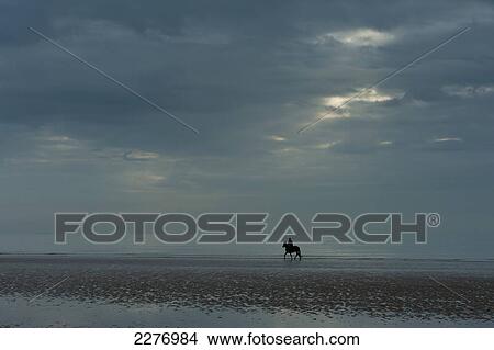 Picture - Person riding horse along Camber Sands on cloudy day with ray of sunshine; East Sussex, England. Fotosearch
