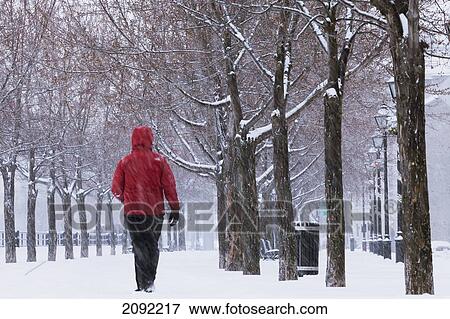 Stock Photo - Person Walking Through Snowy Old Montreal; Montreal Quebec Canada. Fotosearch