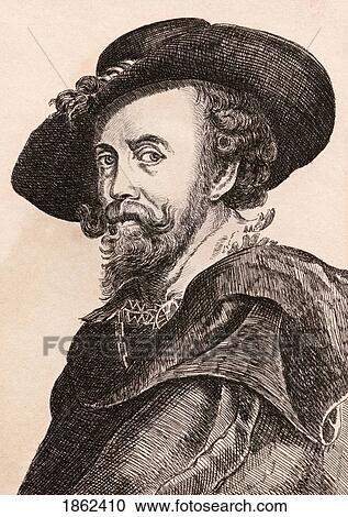 Stock Image - Peter Paul Rubens 1577? 1640 Flemish Painter From 75 Portraits Of Celebrated Painters From Authentic Originals Etched By James Girtin Published London 1817. Fotosearch