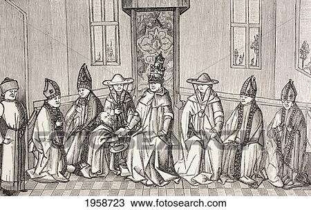 Stock Image - Peter The Hermit Delivering The Message Of Simeon, Patriarch Of Jerusalem To Pope Urban Ii. From Military And Religious Life In The Middle Ages By Paul Lacroix Published London Circa 1880.. Fotosearch