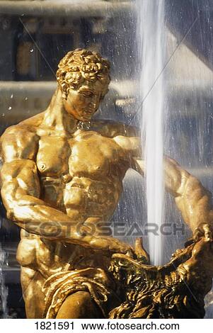 Stock Image - Peterhof, St. Petersburg, Russia; Samson And The Lion Statue From The 1730's On A Unesco Site By Mikhail Kozlovsky. Fotosearch