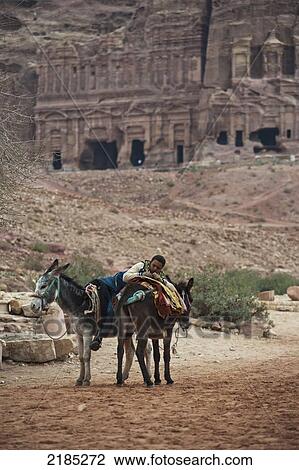 Stock Image - Petra Donkey Ride Vender Waiting For Tourists, Petra, Jordan, Middle East. Fotosearch