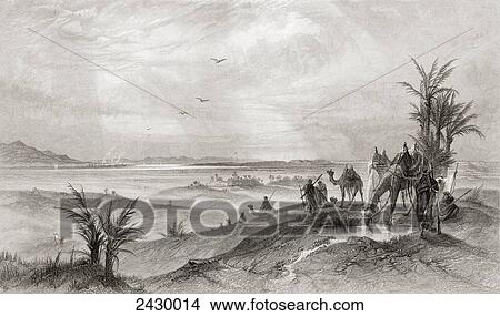 Pi Hahiroth and the Red Sea, where the Israelites camped during their exodus from Egypt. Pi Hahiroth is known as the fourth station of the Exodus. From The Imperial Bible Dictionary, published 1889. View Large Photo Image Picture - Pi Hahiroth and the Red Sea, where the Israelites camped during their exodus from Egypt. Pi Hahiroth is known as the fourth station of the Exodus. From The Imperial Bible Dictionary, published 1889.. Fotosearch