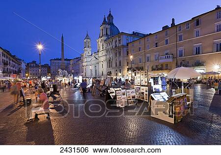 Stock Photograph - Piazza Navona at dusk; Rome, Italy. Fotosearch