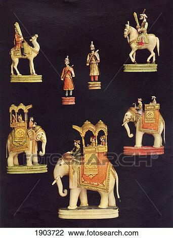 Stock Image - Pieces From A Chess Set In Carved And Coloured Ivory. Made In Delhi, India C. 1790 For The Begum Samru.. Fotosearch