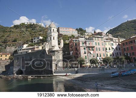 Stock Image - Pier And Beach; Vernazza, Liguria, Italy. Fotosearch