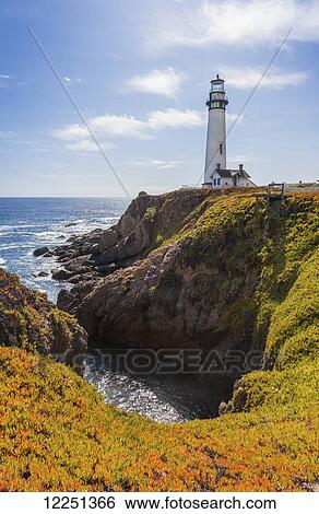 Stock Photograph - Pigeon Point Lighthouse and blooming ice plant in the foreground on the cliffs; California, United States of America. Fotosearch
