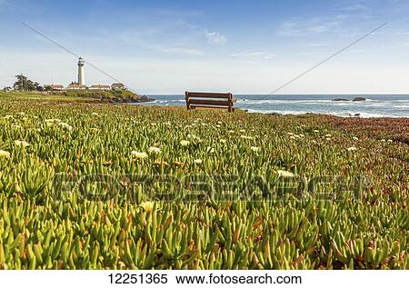Stock Photography - Pigeon Point Lighthouse and blooming ice plant in the foreground on the cliffs; California, United States of America. Fotosearch