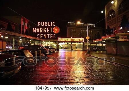 Pike Place Market, Seattle, Washington, Usa; Street Leading To Farmers Market At Night View Large Photo Image Stock Photo - Pike Place Market, Seattle, Washington, Usa; Street Leading To Farmers Market At Night. Fotosearch
