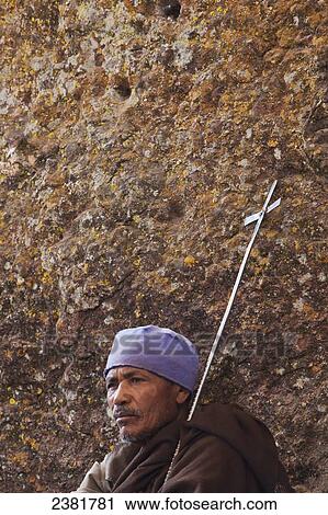 Stock Image - Pilgrim at the Orthodox Easter celebrations; Lalibela, Ethiopia. Fotosearch
