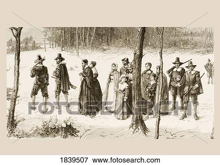 Stock Photo - Pilgrim Fathers Going To Church. From American Pictures Drawn With Pen And Pencil By Rev Samuel Manning Circa 1880. Fotosearch