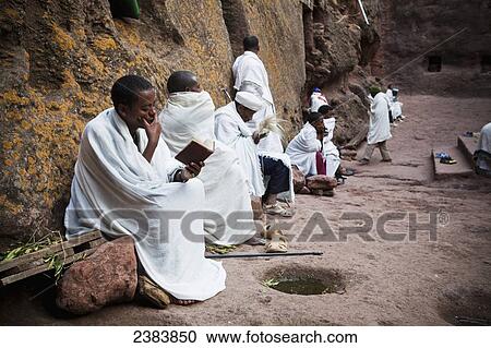 Stock Image - Pilgrims at the Orthodox Easter celebrations; Lalibela, Ethiopia. Fotosearch