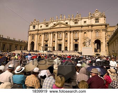 Stock Photo - Pilgrims On Saint Peter's Square In Front Of Saint Peter's Basillica; Rome, Italy. Fotosearch