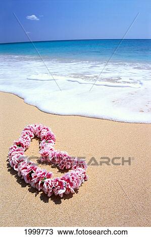 Stock Image - Pink Lei In Sand, Gentle Shore Waters, White Foam, Blue Ocean C1735. Fotosearch