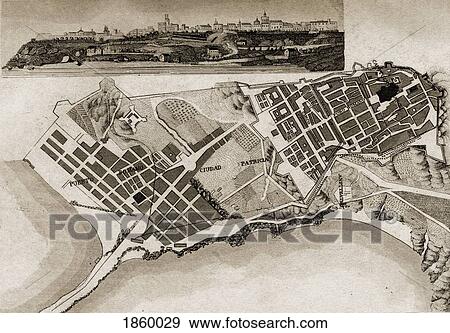 Stock Photo - Plan And View Of Tarragona, Spain In The Early 19Th Century. Fotosearch