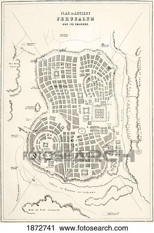 Stock Image - Plan Of Ancient Jerusalem As It Was Presumed To Be At The Time Of Jesus Christ. From The Holy Bible Published By William Collins, Sons, & Company In 1869.. Fotosearch