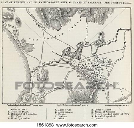 Stock Photo - Plan Of Ephesus And Its Environs From Falkener's Ephesus With The Sites As Named By Edward Falkener From The Imperial Bible Dictionary Published By Blackie & Son Circa 1880S. Fotosearch