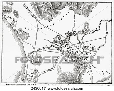 Stock Photo - Plan of Ephesus, the ancient Greek city and its environs, the sites as named by Edward Falkener c. 1842. From The Imperial Bible Dictionary, published 1889.. Fotosearch