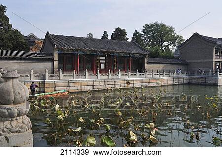 Stock Photo - Plants Growing Up Above The Water's Surface Of The River As A Boat Navigates Along The Shoreline; Beijing China. Fotosearch