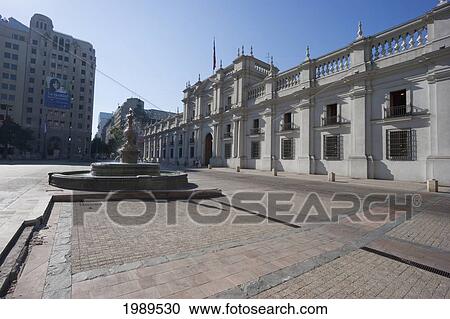 Stock Image - Plaza de la Constitucion & Palacio de la Moneda Presidential Palace, Santiago, Metropolitan Region, Chile. Fotosearch