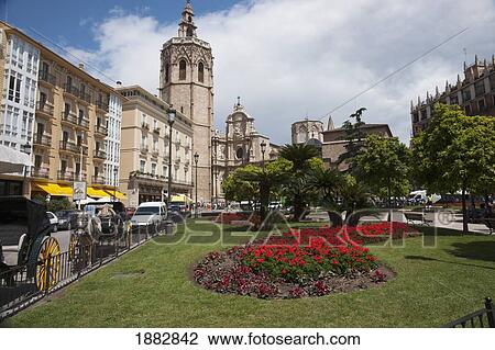 Stock Image - Plaza De La Reina With A View Of Valencia Cathedral; Valencia, Spain. Fotosearch