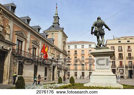 Stock Photograph - Plaza De La Villa With Statue Of Alvaro De Bazan And Casa De La Villa On The Left Used By Madrid Town Hall; Madrid Spain. Fotosearch
