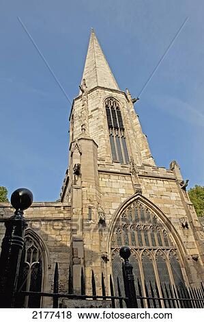 Stock Photo - Pointed Steeple Of A Church Building; York England. Fotosearch