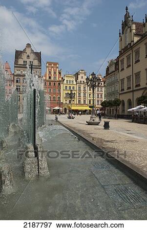 Stock Photo - Poland, Glass Fountain In Market Square; Wroclaw. Fotosearch