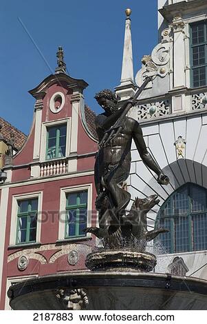 Stock Image - Poland, Neptune's Fountain Bronze Statue Of Roman God In Long Market Of Dluga Street; Gdansk. Fotosearch