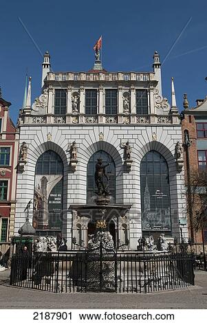 Stock Image - Poland, Neptune's Fountain Bronze Statue Of Roman God In Long Market Of Dluga Street; Gdansk. Fotosearch