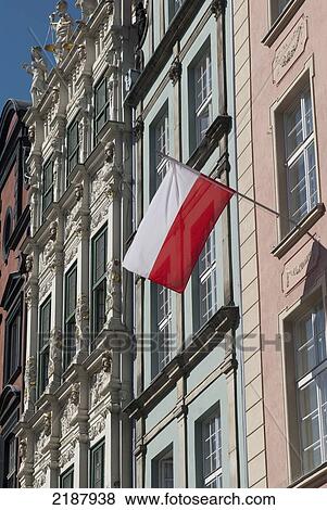Poland, Old Town District; Gdansk, Polish Flag Outside Townhouse On Dluga Street View Large Photo Image Stock Photo - Poland, Old Town District; Gdansk, Polish Flag Outside Townhouse On Dluga Street. Fotosearch