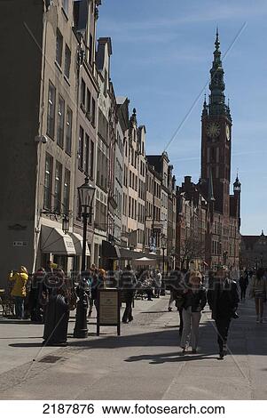 Stock Photograph - Poland, Townhouses And Main Town Hall On Dluga Street; Gdansk. Fotosearch