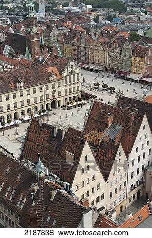 Stock Photo - Poland, View From Spire Of St. Elizabeth's Church Onto Market Square; Wroclaw. Fotosearch