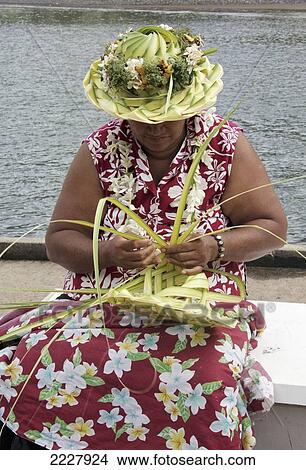 Polynesia, Woman Weaving Hat Out Of Local Leaves; Niku Hiva View Large Photo Image Picture - Polynesia, Woman Weaving Hat Out Of Local Leaves; Niku Hiva. Fotosearch