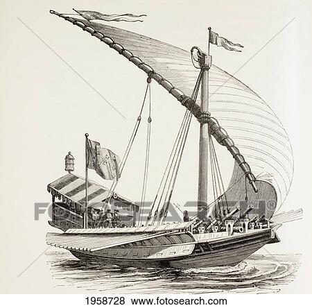 Stock Photo - Pontifical Galley With Sails, Oars And Heavy Artillery. It Is Flying The Papal Flag. After A Drawing By Breugal The Elder. From Military And Religious Life In The Middle Ages By Paul Lacroix Published London Circa 1880.. Fotosearch