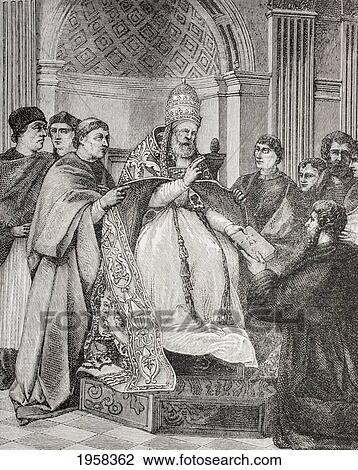 Stock Image - Pope Gregory Ix Handing The Decretals To An Advocate Of The Consistory. After A Fresco By Raphael In The Vatican. From Military And Religious Life In The Middle Ages By Paul Lacroix Published London Circa 1880.. Fotosearch