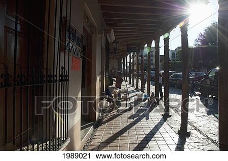 Stock Image - Portals Of A Commercial Building Along The Zocalo, Comitan, Chiapas, Mexico. Fotosearch