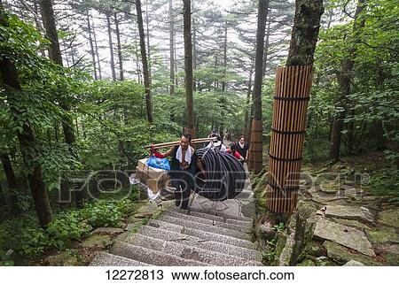 Stock Image - Porter carrying items, Mount Huangshan, Anhui, China. Fotosearch