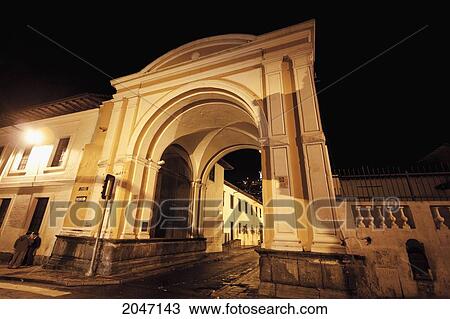 Stock Image - Portico Of El Carmen Alto Convent At Night, Quito, Pichincha, Ecuador. Fotosearch