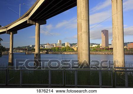 Portland, Oregon, United States Of America; Concrete Supports Of A Bridge Along The Willamette River View Large Photo Image Picture - Portland, Oregon, United States Of America; Concrete Supports Of A Bridge Along The Willamette River. Fotosearch