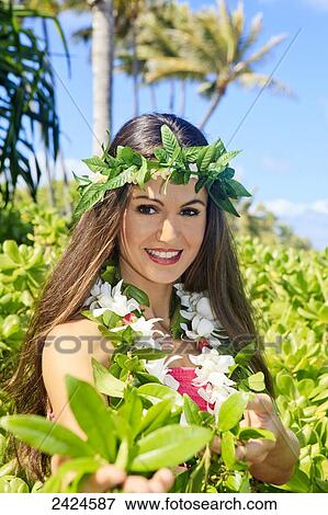 Portrait of a beautiful hawaiian girl in a garden; Kailua, Hawaii, United States of America View Large Photo Image Stock Photo - Portrait of a beautiful hawaiian girl in a garden; Kailua, Hawaii, United States of America. Fotosearch